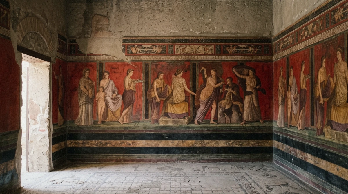 The red-ground fresco frieze inside the Villa of the Mysteries at Pompeii, outside the walls that the express ticket covers on a Pompeii tour from Rome, Italy